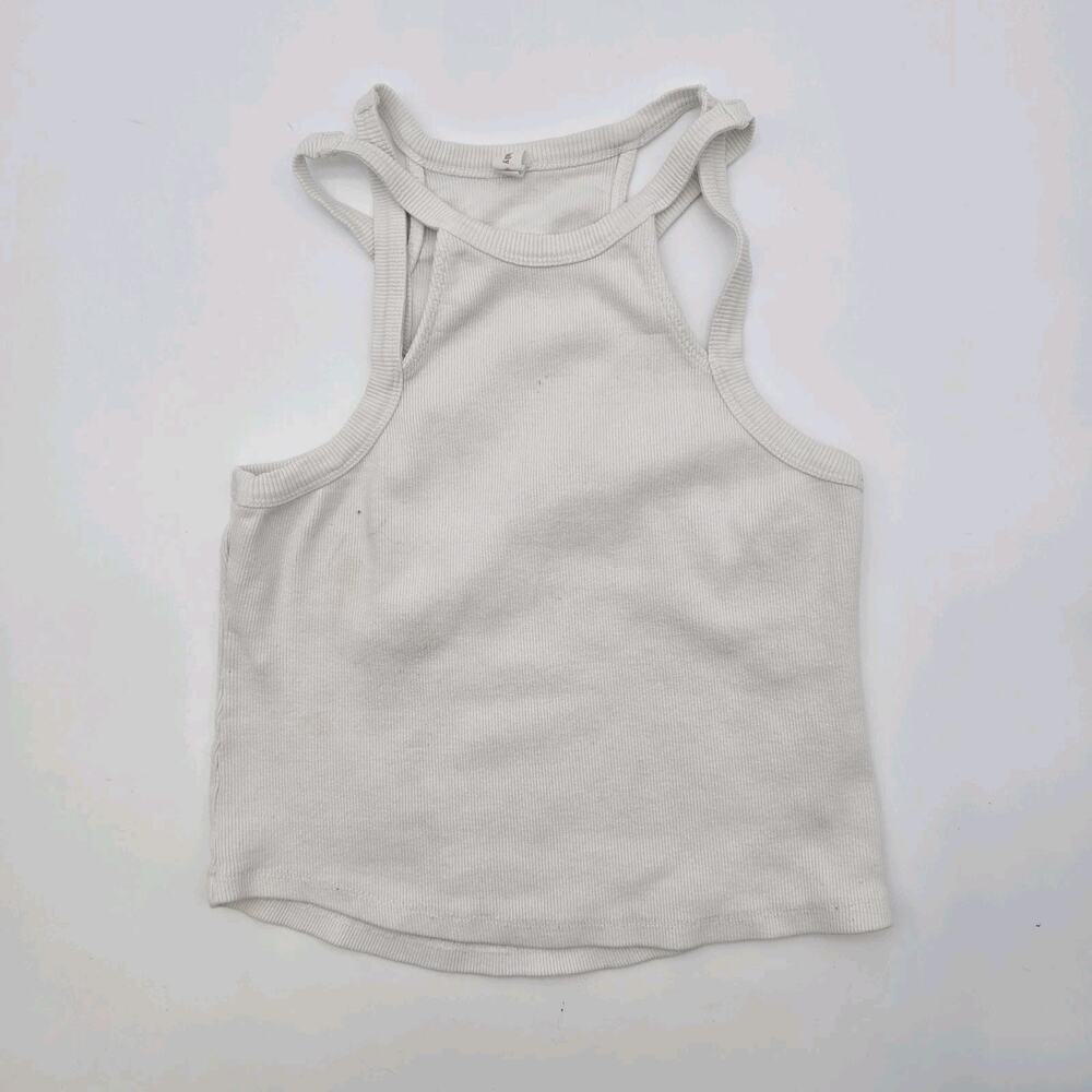 Anthropologie Top Womens Small White Tank Ribbed Cropped Cut Out High Neck Daily